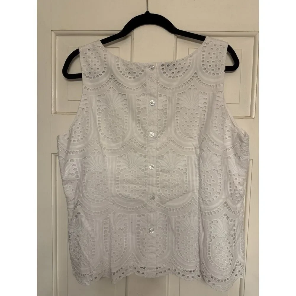 Talbots Womens Sleeveless Tank Top White Eyelet Pineapple Lined Side Zip. Sz XLp